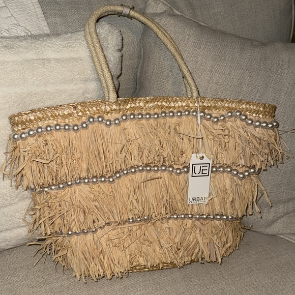 Urban Expressions Handbags - Urban Expressions Shakira Fringe Straw Raffia Pearl Natural Beige Tote/Bag NWT